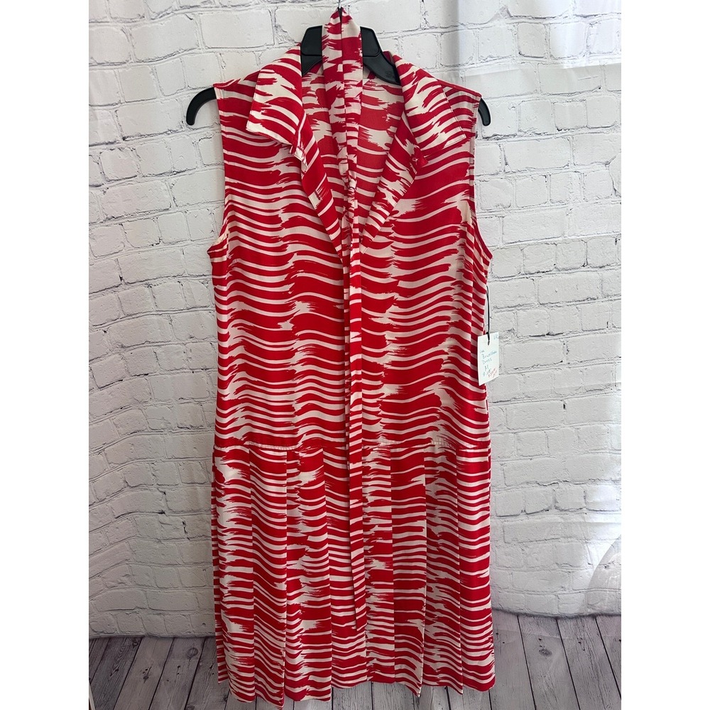 Cabi Brushstroke Dress Sleeveless Pleated Tie Neck‎ Red White M Medium